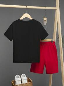 SHEIN Tween Boy Eagle & Slogan Graphic Tee & Drawstring Waist Shorts - Multicolor - View 2