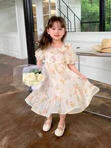 女小童印花泡泡袖荷葉邊連衣裙 - 杏色 - 查看 1