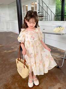 女小童印花泡泡袖荷葉邊連衣裙 - 杏色 - 查看 4