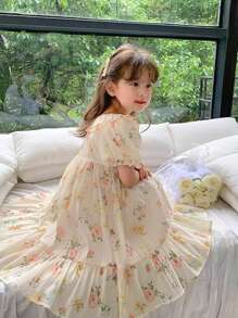 女小童印花泡泡袖荷葉邊連衣裙 - 杏色 - 查看 5