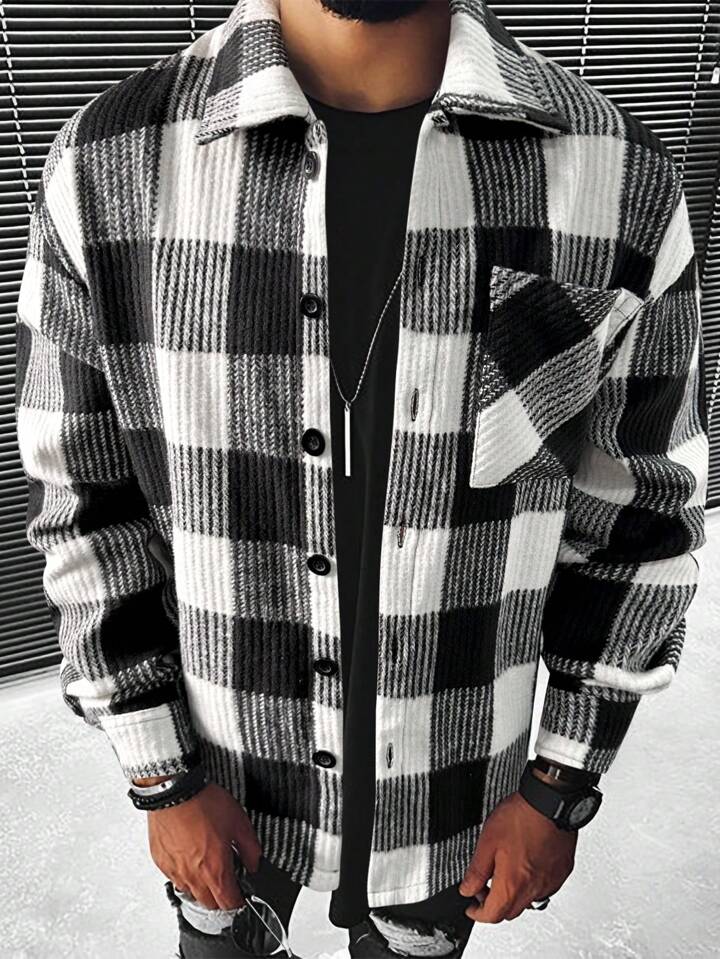 Manfinity Homme Men Plaid Print Pocket Patched Button Up Shacket | SHEIN