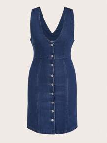 SHEIN MOD Nút phía trước Đầm Denim - Rửa tối - Xem 1