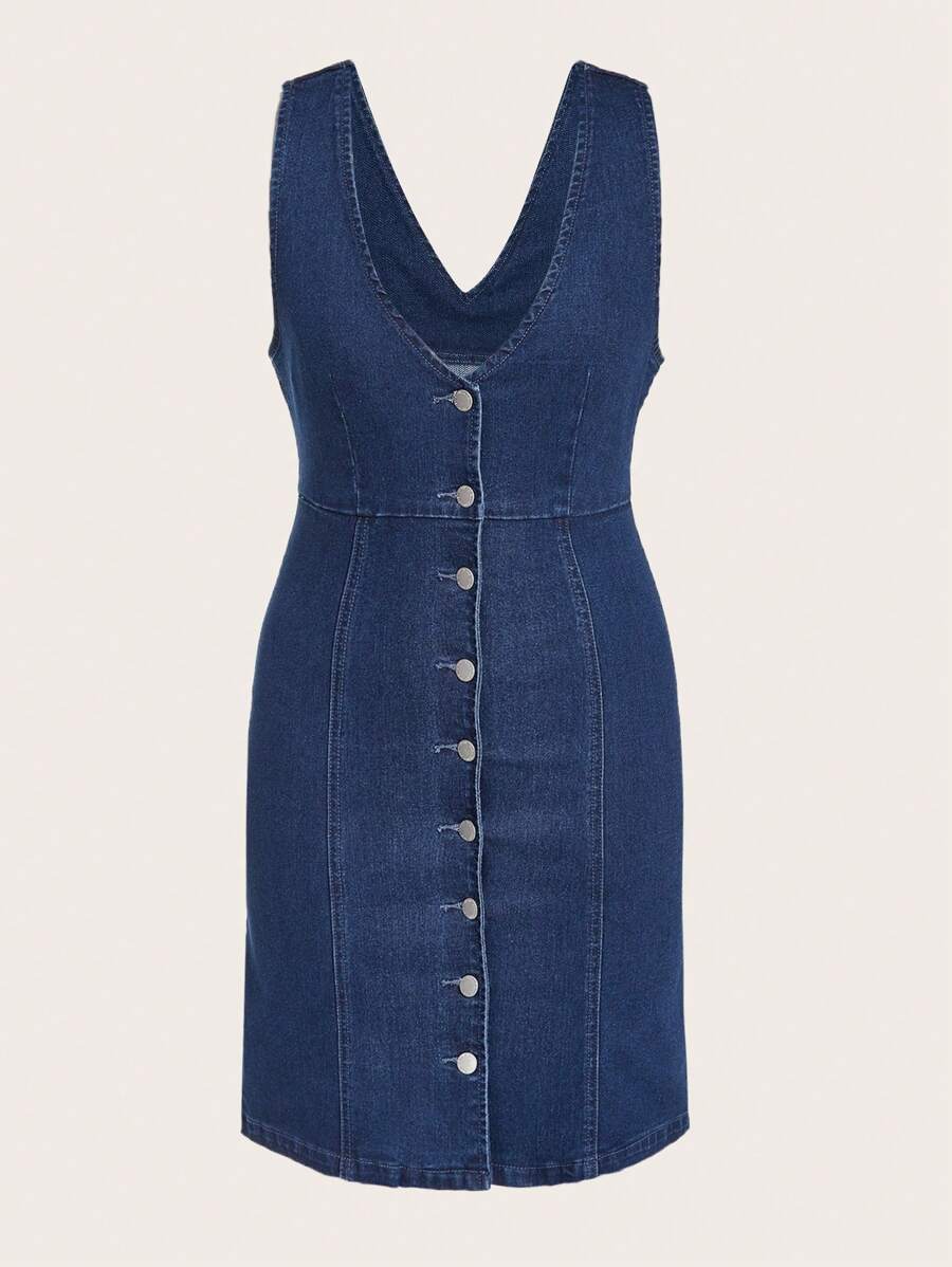 SHEIN MOD Nút phía trước Đầm Denim - Rửa tối - Xem 1