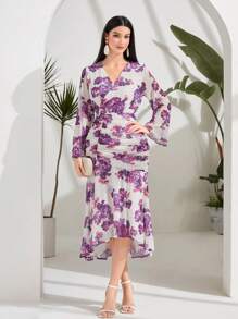 Modelyn Floral Print Flare Sleeve Ruched Ruffle Hem Dress - White - View 1