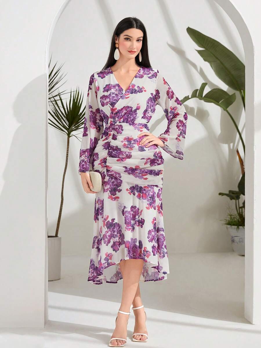 Modelyn Floral Print Flare Sleeve Ruched Ruffle Hem Dress - White - View 1