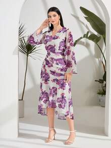 Modelyn Floral Print Flare Sleeve Ruched Ruffle Hem Dress - White - View 3