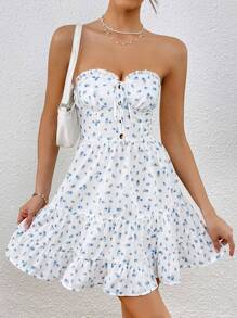 SHEIN VCAY 碎花前打結荷葉邊抹胸連衣裙 - 彩色 - 查看 1