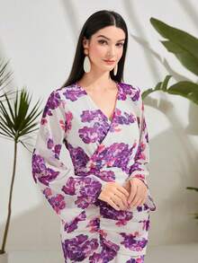 Modelyn Floral Print Flare Sleeve Ruched Ruffle Hem Dress - White - View 4