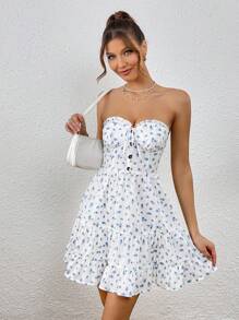 SHEIN VCAY 碎花前打結荷葉邊抹胸連衣裙 - 彩色 - 查看 4