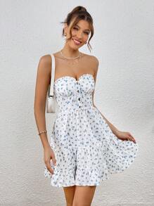 SHEIN VCAY 碎花前打結荷葉邊抹胸連衣裙 - 彩色 - 查看 5