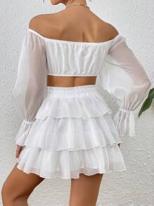 SHEIN VCAY de hombros descubiertos con cordón delantero de manga con volante Top crop & bajo a capas Falda - Blanco - Ver 2