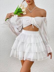 SHEIN VCAY de hombros descubiertos con cordón delantero de manga con volante Top crop & bajo a capas Falda - Blanco - Ver 3