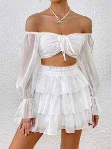 SHEIN VCAY de hombros descubiertos con cordón delantero de manga con volante Top crop & bajo a capas Falda - Blanco - Ver 5
