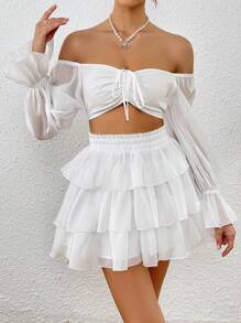 SHEIN VCAY de hombros descubiertos con cordón delantero de manga con volante Top crop & bajo a capas Falda - Blanco - Ver 6