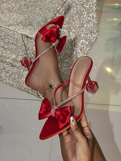 صندل بكعب عال رفيع بحزام ربطة القوس البلورية عصري متعدد الاستخدامات، أحذية كعب عالي لعيد الحب