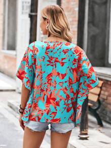 SHEIN LUNE Blouse Imprimé Floral Manches Chauve-Souris - Multicolore - Voir 2
