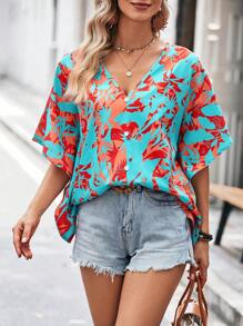 SHEIN LUNE Blouse Imprimé Floral Manches Chauve-Souris - Multicolore - Voir 3