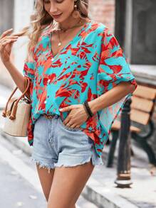 SHEIN LUNE Blouse Imprimé Floral Manches Chauve-Souris - Multicolore - Voir 5