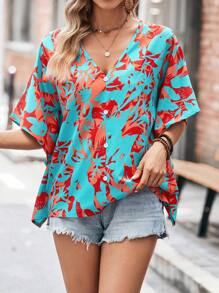 SHEIN LUNE Blouse Imprimé Floral Manches Chauve-Souris - Multicolore - Voir 6