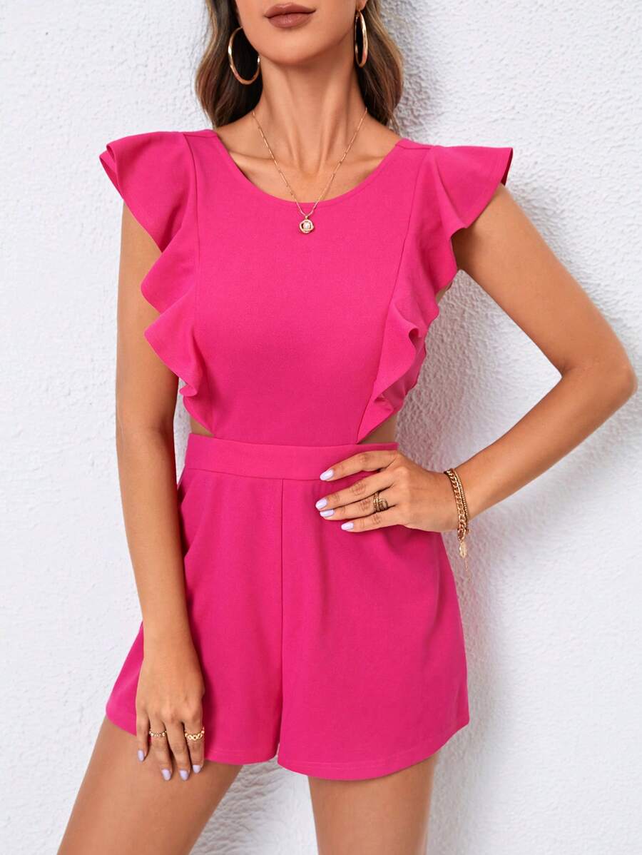 SHEIN Privé 荷葉邊腰部鏤空連身短褲 - 玫紅色 - 查看 1