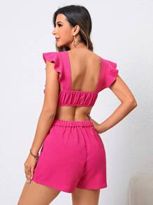 SHEIN Privé 荷葉邊腰部鏤空連身短褲 - 玫紅色 - 查看 2