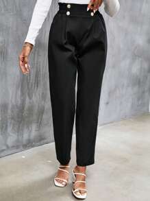 SHEIN Frenchy High Waist Button Detail Pants Winter Black Casual