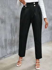 SHEIN Frenchy High Waist Button Detail Pants Winter Black Casual