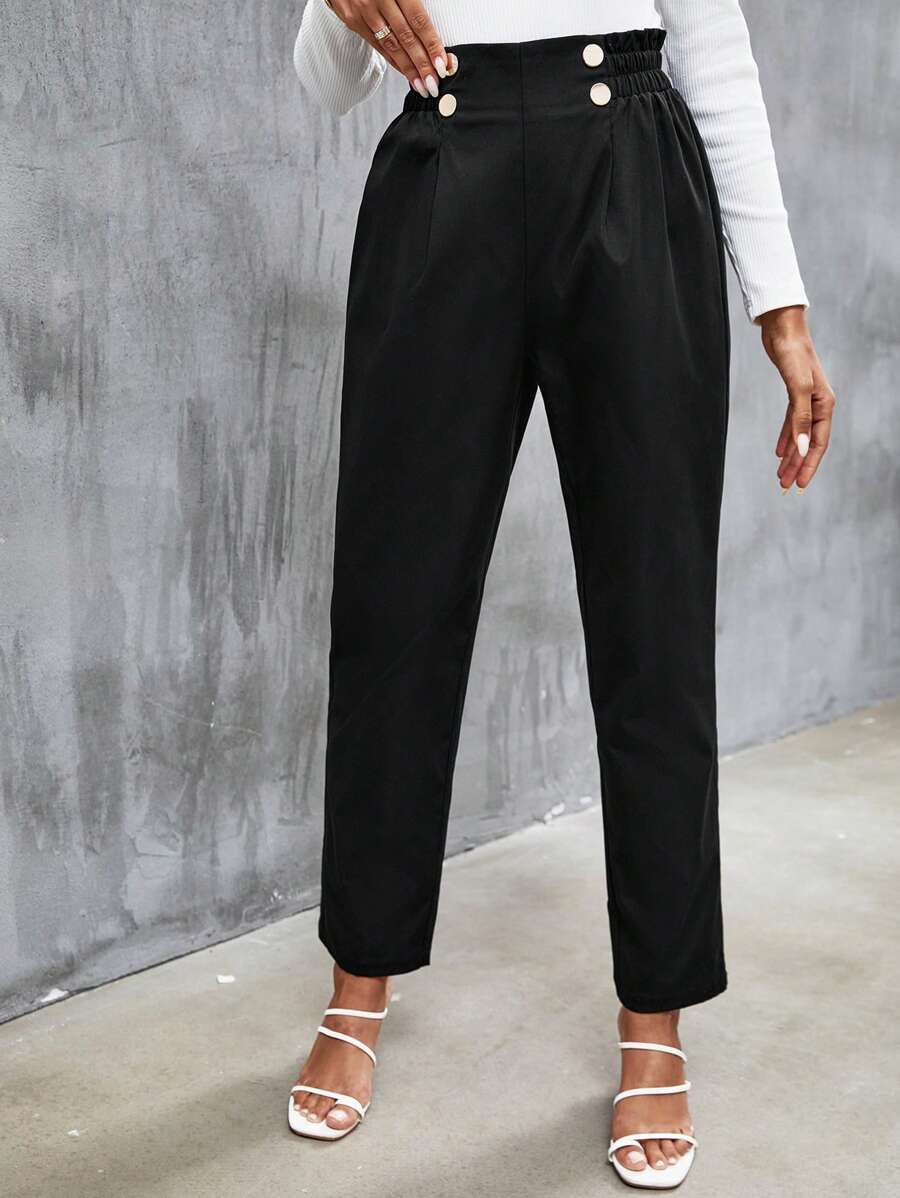 SHEIN Frenchy High Waist Button Detail Pants Winter Black Casual