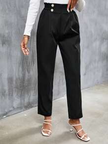 SHEIN Frenchy High Waist Button Detail Pants Winter Black Casual