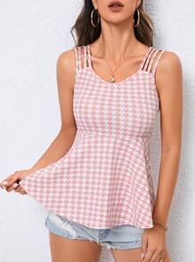 SHEIN Privé Houndstooth Print Peplum Tank Top - Baby Pink - View 3