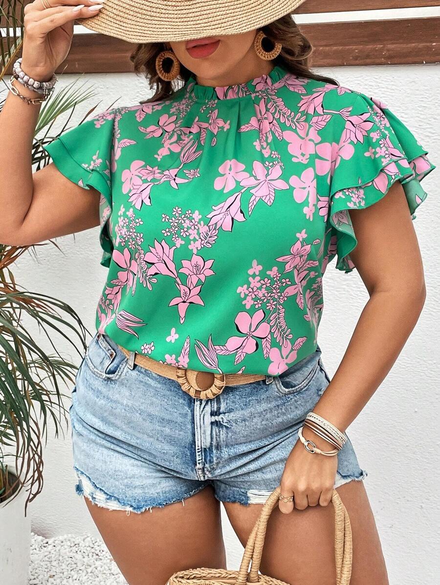 SHEIN VCAY 大碼印花蝴蝶袖褶邊領襯衫 - 彩色 - 查看 1