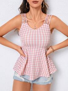 SHEIN Privé Houndstooth Print Peplum Tank Top - Baby Pink - View 1