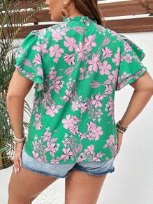 SHEIN VCAY 大碼印花蝴蝶袖褶邊領襯衫 - 彩色 - 查看 2