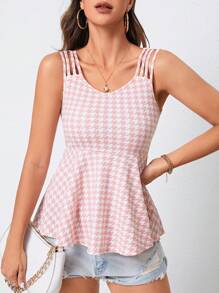 SHEIN Privé Houndstooth Print Peplum Tank Top - Baby Pink - View 4