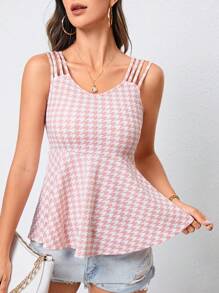 SHEIN Privé Houndstooth Print Peplum Tank Top - Baby Pink - View 5