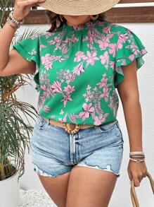 SHEIN VCAY 大碼印花蝴蝶袖褶邊領襯衫 - 彩色 - 查看 4