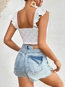 SHEIN VCAY Eyelet Embroidery Ruffle Trim Crop Top - White - View 2