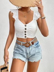 SHEIN VCAY Eyelet Embroidery Ruffle Trim Crop Top - White - View 6