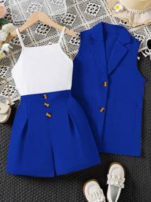 SHEIN Tween Girl Solid Cami Top & Shorts & Button Front Vest Blazer - Blue and White - View 1