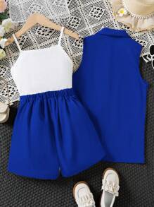 SHEIN Tween Girl Solid Cami Top & Shorts & Button Front Vest Blazer - Blue and White - View 2