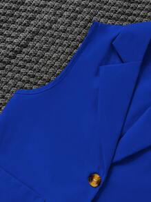 SHEIN Tween Girl Solid Cami Top & Shorts & Button Front Vest Blazer - Blue and White - View 3