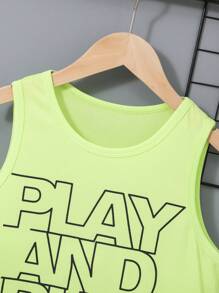 SHEIN 男孩運動酷字母圖案背心上衣 - 青檸色 - 查看 8