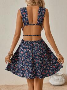 SHEIN VCAY 碎花深V領連衣裙 - 寶藍色 - 查看 2