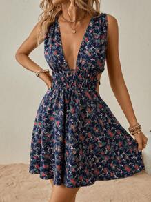 SHEIN VCAY 碎花深V領連衣裙 - 寶藍色 - 查看 3