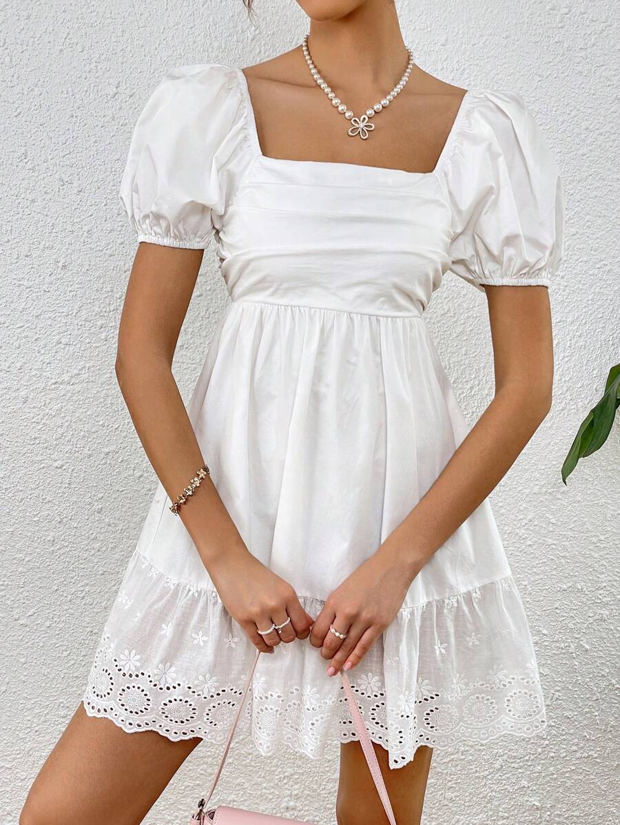SHEIN VCAY Square Neck Puff Sleeve Ruffle Hem Dress - White - View 1