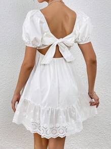 SHEIN VCAY Square Neck Puff Sleeve Ruffle Hem Dress - White - View 2