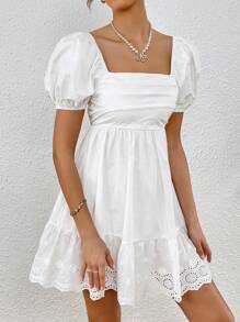 SHEIN VCAY Square Neck Puff Sleeve Ruffle Hem Dress - White - View 3