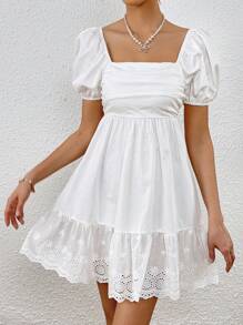 SHEIN VCAY Square Neck Puff Sleeve Ruffle Hem Dress - White - View 4