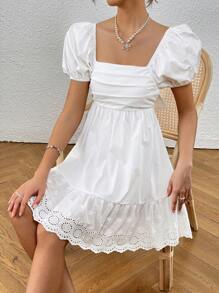 SHEIN VCAY Square Neck Puff Sleeve Ruffle Hem Dress - White - View 5