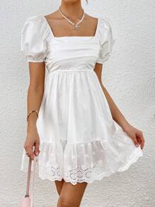 SHEIN VCAY Square Neck Puff Sleeve Ruffle Hem Dress - White - View 6